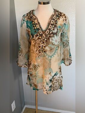 Embellished V-Neck Floral Swim Coverup - Teal & Cream